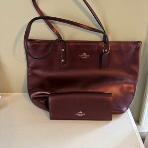 Coach Burgundy Leather Tote and Wallet Set